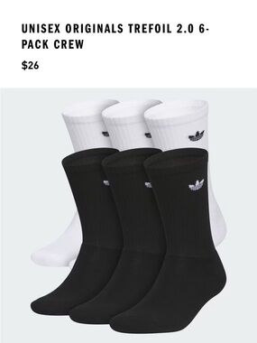 adidas Unisex Originals Trefoil 2.0 6-Pack Crew Socks - Black & White
